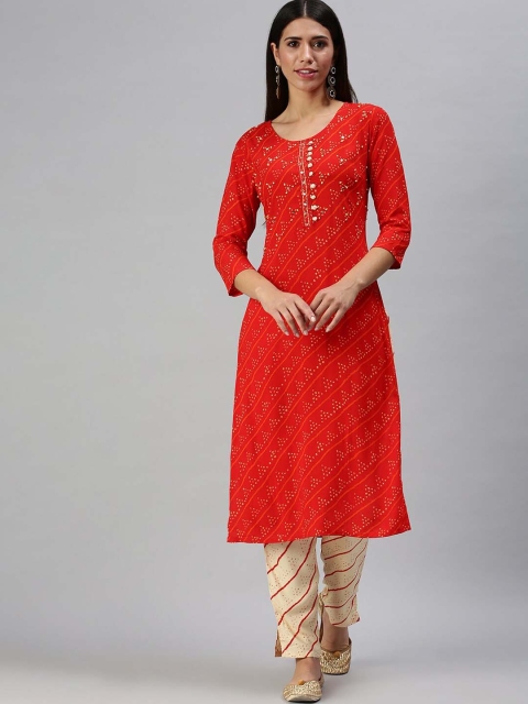 

SHOWOFF Women Red Bandhani Printed Straight Kurta with Trousers
