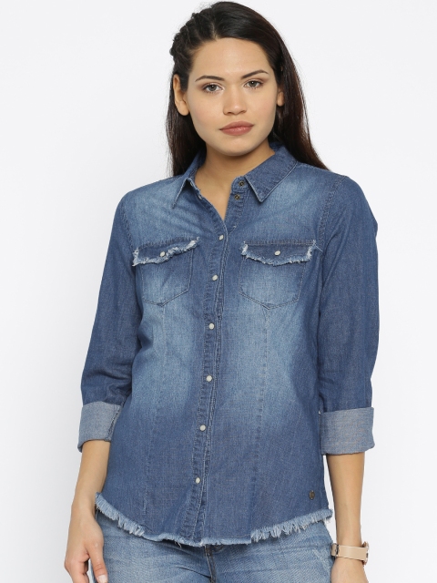 

ONLY Women Blue Solid Casual Denim Shirt