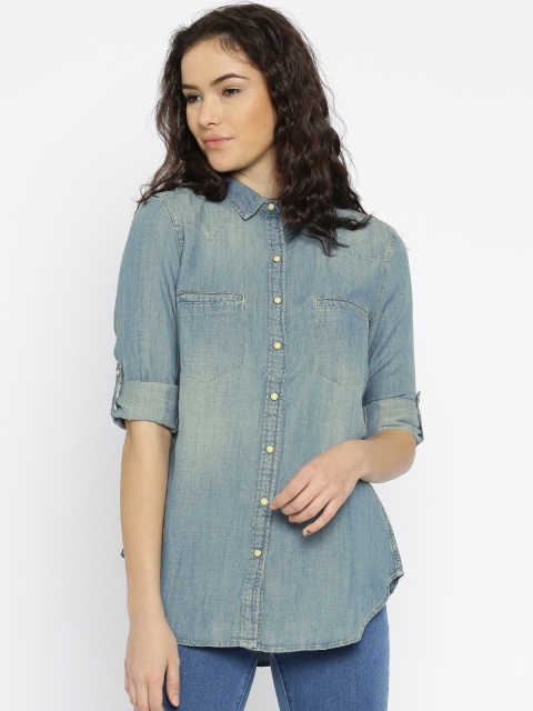 

ONLY Women Blue Solid Casual Chambray Shirt
