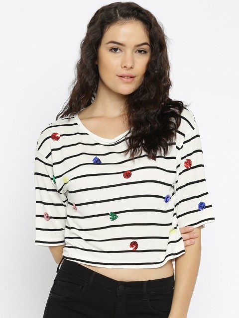 

ONLY Women White Striped Crop T-shirt