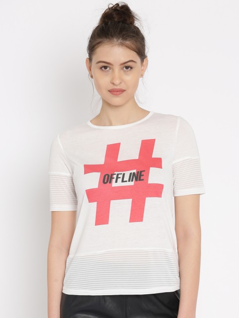 

ONLY Women White Printed Round Neck T-shirt