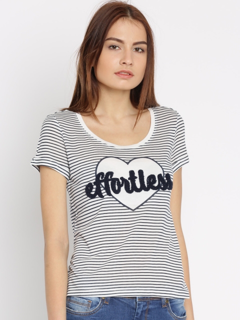 

ONLY Women White & Navy Striped Round Neck T-shirt