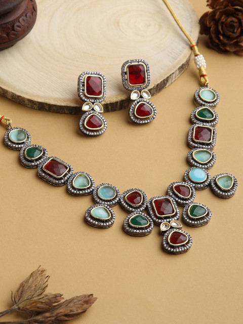 

justpeachy Red & Green Stoned-Studded & Beaded Choker Jewellery Set