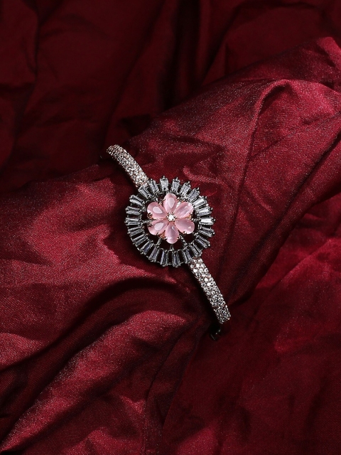 

justpeachy Women White & Pink Rhodium-Plated Studded Bangle-Style Bracelet
