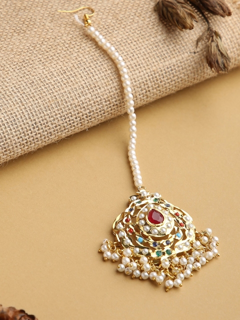 

justpeachy Gold-Plated Multicoloured Stone-Studded & Beaded Maang Tika