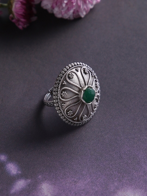 

justpeachy Women Silver-Plated & Green Stone-Studded Oxidized Finger Ring
