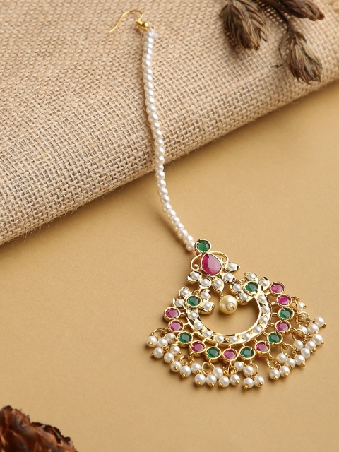 

justpeachy Women Gold-Plated Multi Stone-Studded & Beaded Maang Tikka