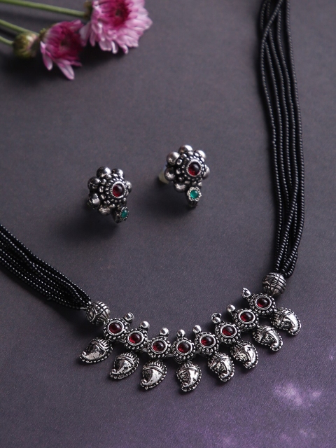 

justpeachy Oxidised Silver-Plated & Red Stones & Beads Jewellery Set