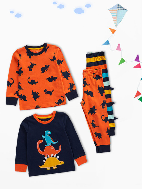 

mothercare Boys Orange & Navy Blue Pack Of 2 Printed T-shirt with Pyjamas