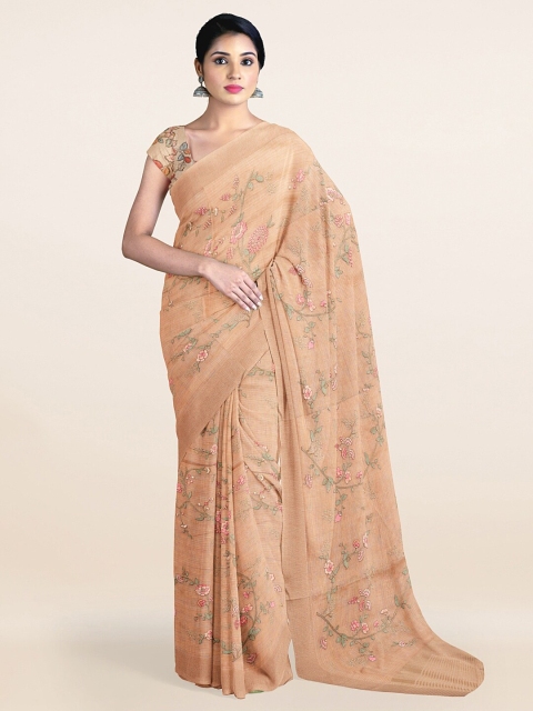 

Pothys Peach-Coloured & Green Floral Embroidered Zari Tissue Saree