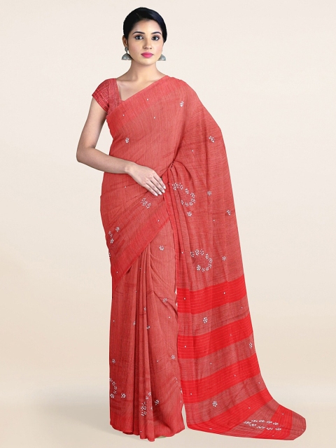 

Pothys Red & Silver-Toned Floral Jute Silk Saree