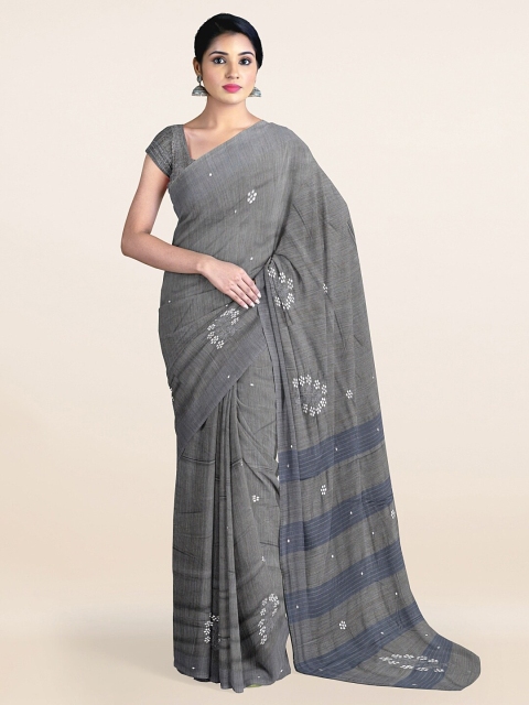 

Pothys Grey & Blue Embellished Mirror Work Jute Silk Saree