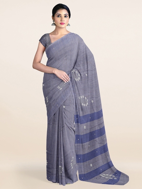 

Pothys Blue & Grey Floral Beads and Stones Jute Silk Saree