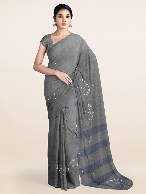

Pothys Grey & Blue Floral Embroidered Mirror Work Jute Silk Saree