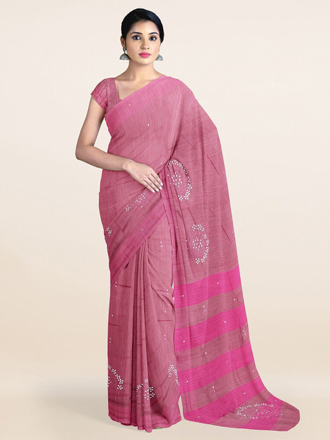 

Pothys Pink & Brown Embellished Mirror Work Jute Silk Saree