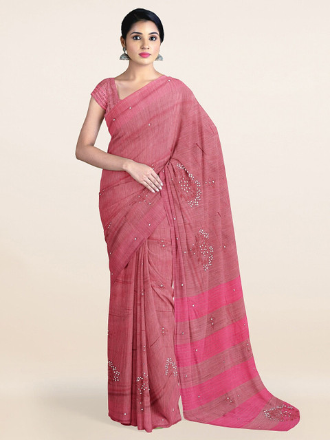 

Pothys Pink Floral Mirror Work Jute Silk Saree