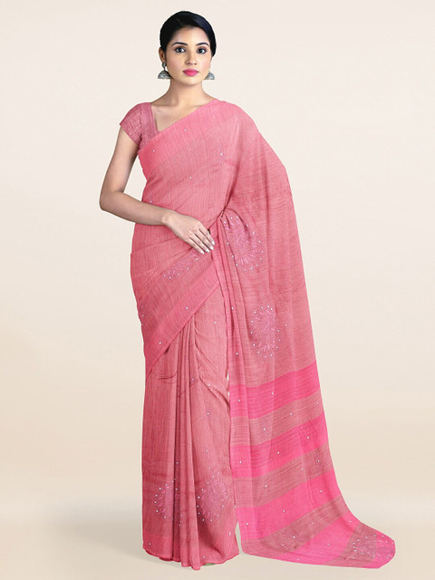 

Pothys Pink Floral Embroidered Mirror Work Jute Silk Saree