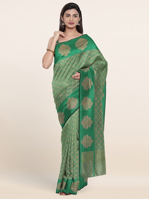 

Pothys Green & Gold-Toned Woven Design Zari Cotton Blend Saree
