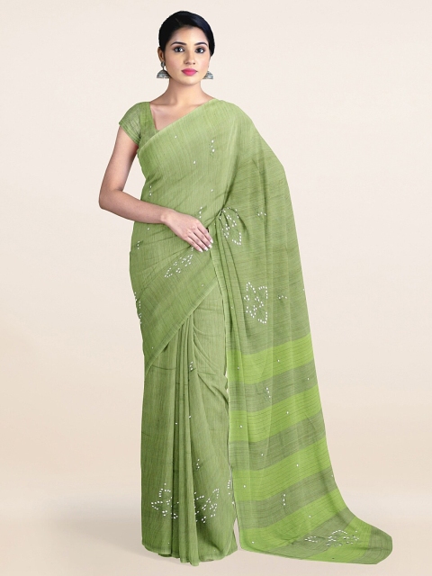 

Pothys Green & White Floral Beads and Stones Jute Silk Saree