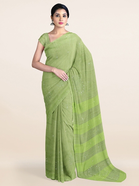 

Pothys Green Embellished Mirror Work Jute Silk Saree