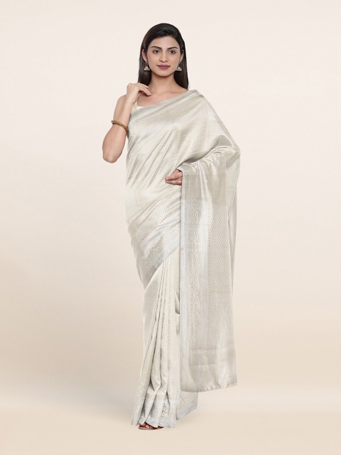 

Pothys White & Silver-Toned Woven Design Zari Banaras Silk Saree
