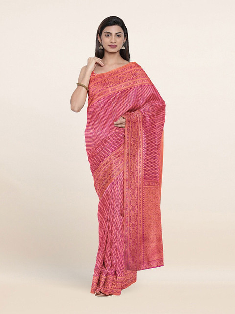 

Pothys Pink & Gold-Toned Floral Zari Art Silk Banarasi Saree
