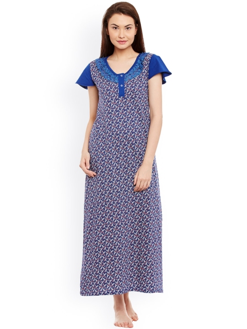 

Claura Blue Floral Print Maxi Nightdress Cot-42