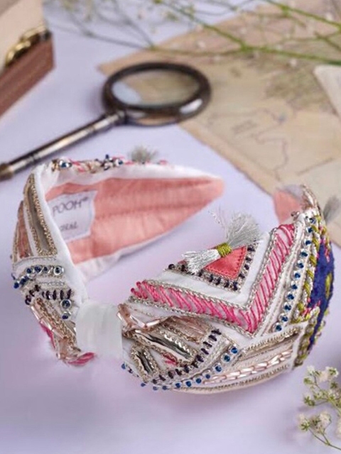 

Payal Singhal Women White & Pink Embroidered Bandana Headband
