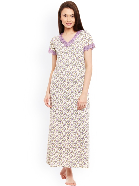 

Claura Cream-Coloured & Purple Floral Print Maxi Nightdress Cot-43
