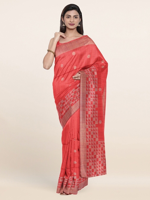 

Pothys Red & Copper Printed Zari Banaras Pure Silk Saree