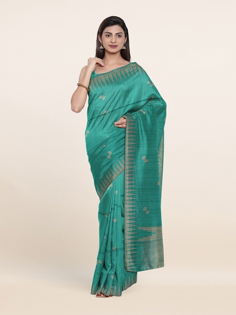 

Pothys Teal & Beige Ethnic Motifs Pure Silk Saree