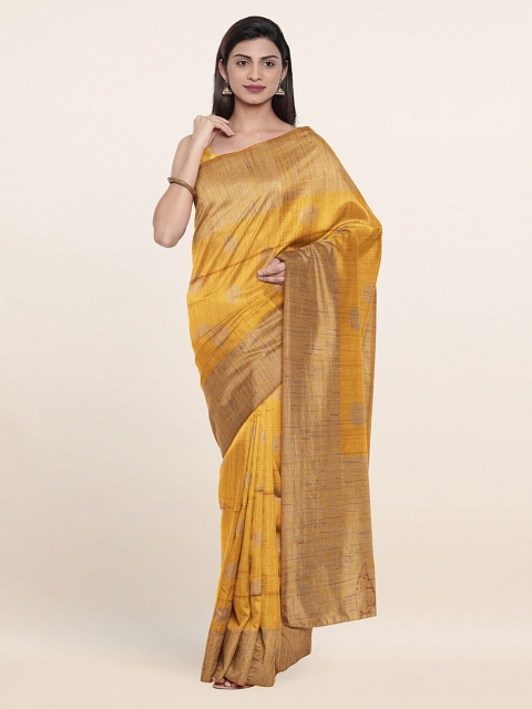 

Pothys Mustard & Gold-Toned Ethnic Motifs Zari Pure Silk Banarasi Saree