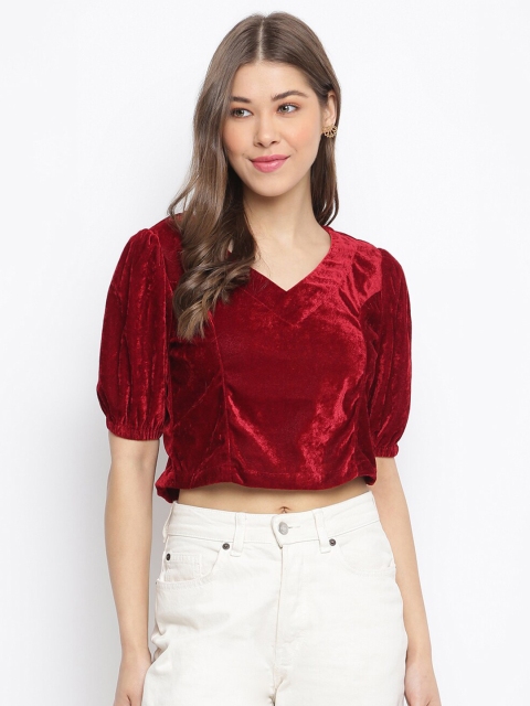 

Mayra Maroon Embellished Velvet Puff Sleeves Crop Top