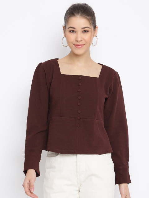 

Mayra Brown Self Design Cuffed Sleeves Top