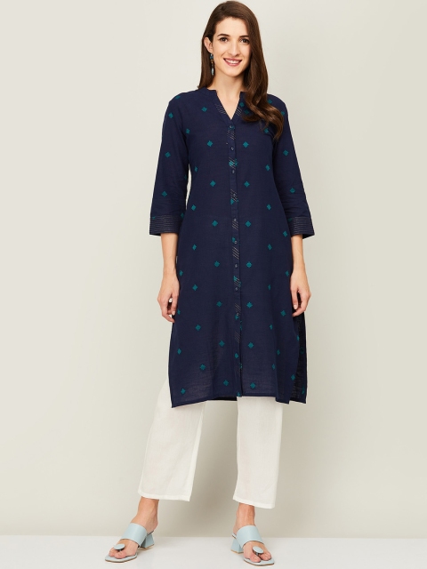 

Melange by Lifestyle Women Navy Blue Geometric Embroidered Thread Work Cotton Kurta