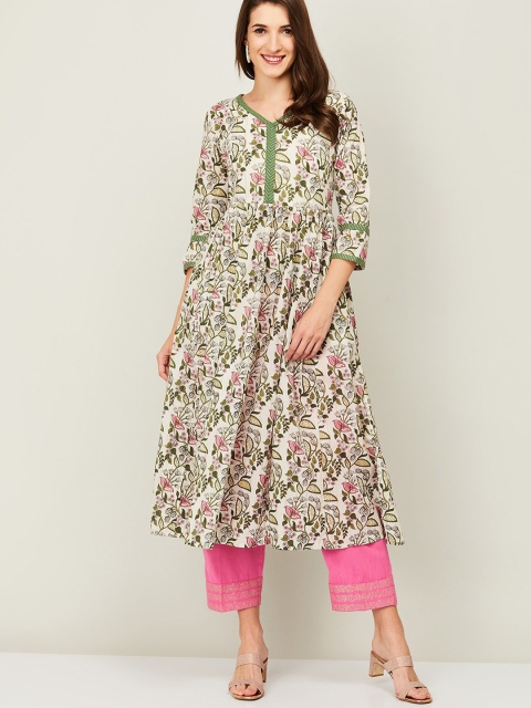 

Melange by Lifestyle Women Off White & Green Floral Printed Anarkali Kurta