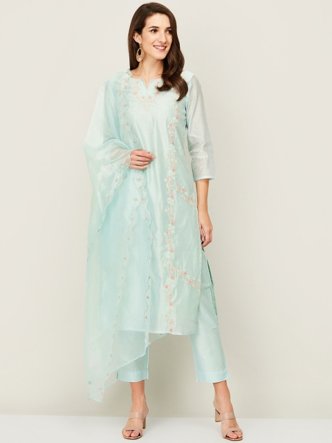 

Melange by Lifestyle Women Blue Floral Printed Kurta With Trousers & Dupatta