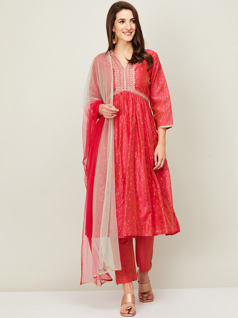 

Melange by Lifestyle Women Red Printed Chanderi Anarkali Kurta with Trousers & Dupatta