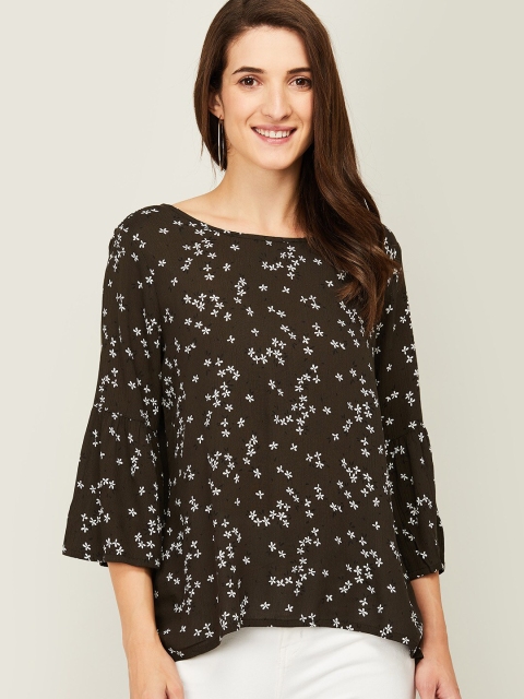 

Fame Forever by Lifestyle Olive Green & White Floral Print Bell Sleeves Top