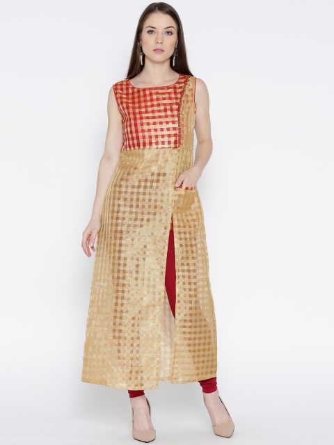 

Jashn Women Beige Self-Checked Semi-Sheer A-Line Kurta