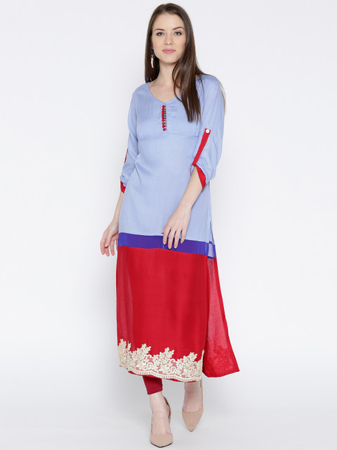 

Jashn Women Blue & Red Colourblocked Straight Kurta