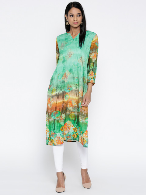

Jashn Women Green & Orange Shibori Print Straight Kurta