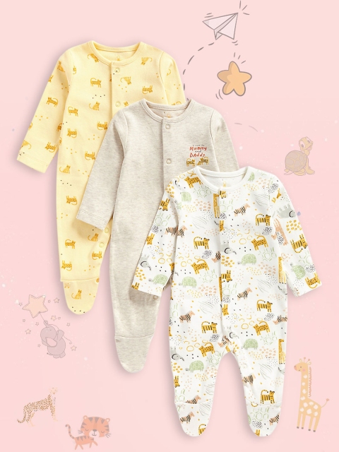 

mothercare Infant Kids Pack of 3 Animal Printed Sleepsuits, Multi
