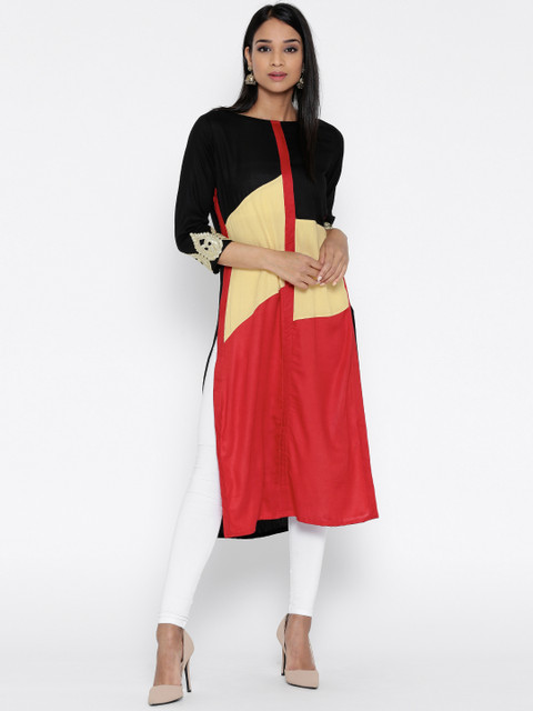 

Jashn Women Red & Black Colourblocked Straight Kurta