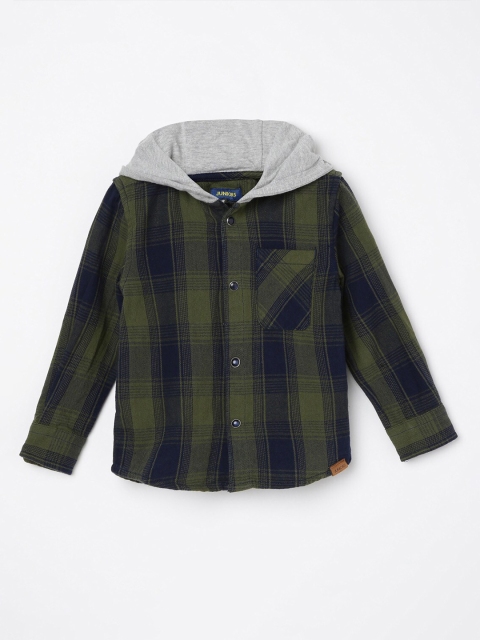 

Juniors Boys Olive Green Tartan Checks Checked Pure Cotton Hooded Casual Shirt