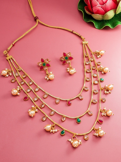 

aadita Gold-Plated White & Pink Stone-Studded & Pearl Beaded Jewellery Set