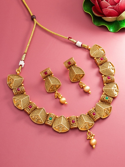 

aadita Women Gold-Plated Green & Pink Stone-Studded Jewellery Set