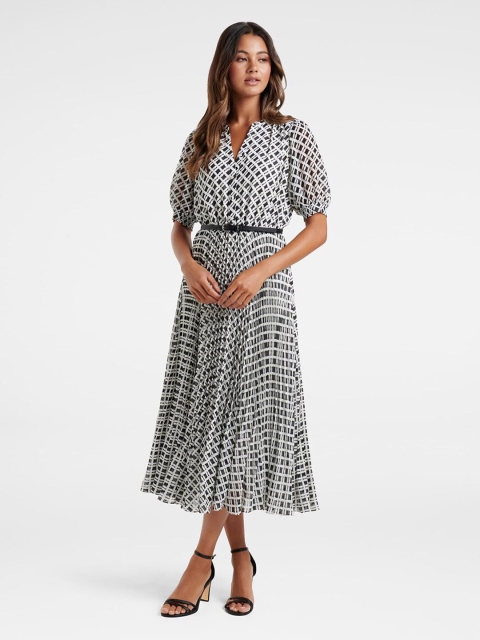 

Forever New Black & White Pleated Belted Midi Dress