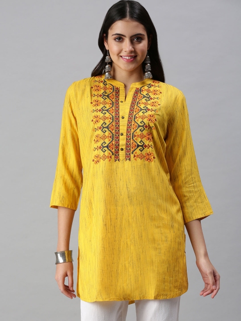 

SHOWOFF Women Yellow Embroidered Yoke Design Thread Work Straight Kurti