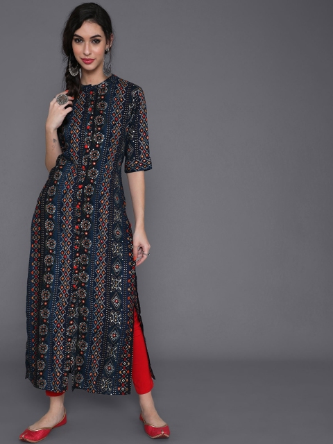 

saubhagya Women Navy Blue Printed Kurta